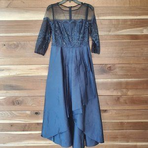 Adrianna Papell Navy Blue 3/4 Sleeve Formal High Low Sequin Embroidery dress 8